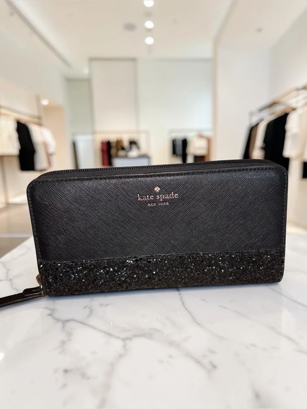 kate spade Black Glitter-Trim Zip Around Wallet